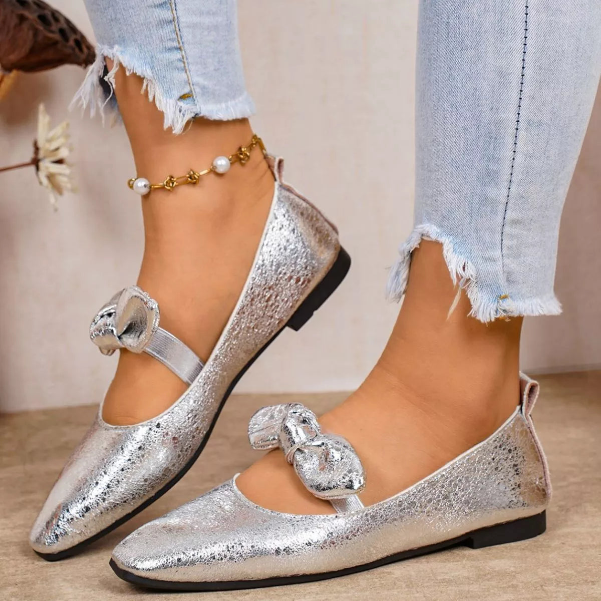 Plush Fashion Hub bow square toe slip-on sandals with stylish design, comfortable flat sole, and open-toe style.