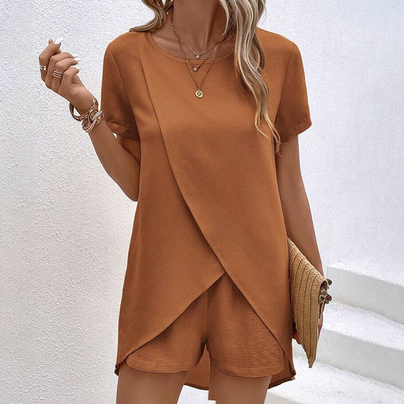 Women's 2-piece summer lounge set by Plush Fashion Hub, casualwear with comfortable top and shorts in light, breathable fabric.