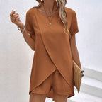 Women's 2-piece summer lounge set by Plush Fashion Hub, casualwear with comfortable top and shorts in light, breathable fabric.