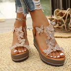 Butterfly embellished wedge sandals by Shopimist featuring open-toe design, cork wedge heel, and decorative butterfly accents.