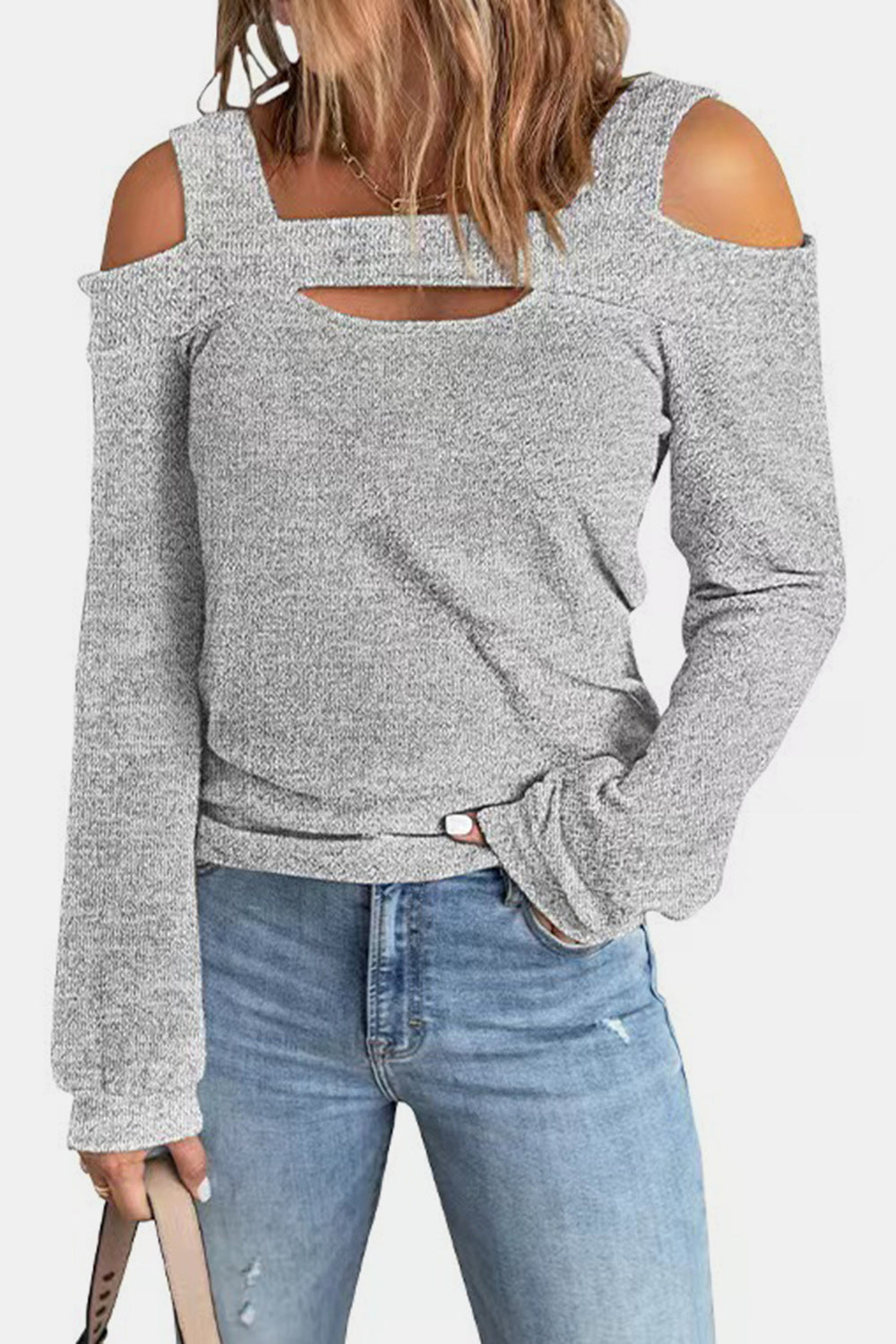Women's elegant cold shoulder blouse with cutout design, casual polyester top from Trendsi, featuring a chic and stylish look.