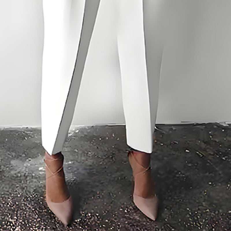 Women’s solid color 2-piece casual loungewear set by FitiqueFit with long sleeve top and pleated pants, styled for comfort and relaxed wear.