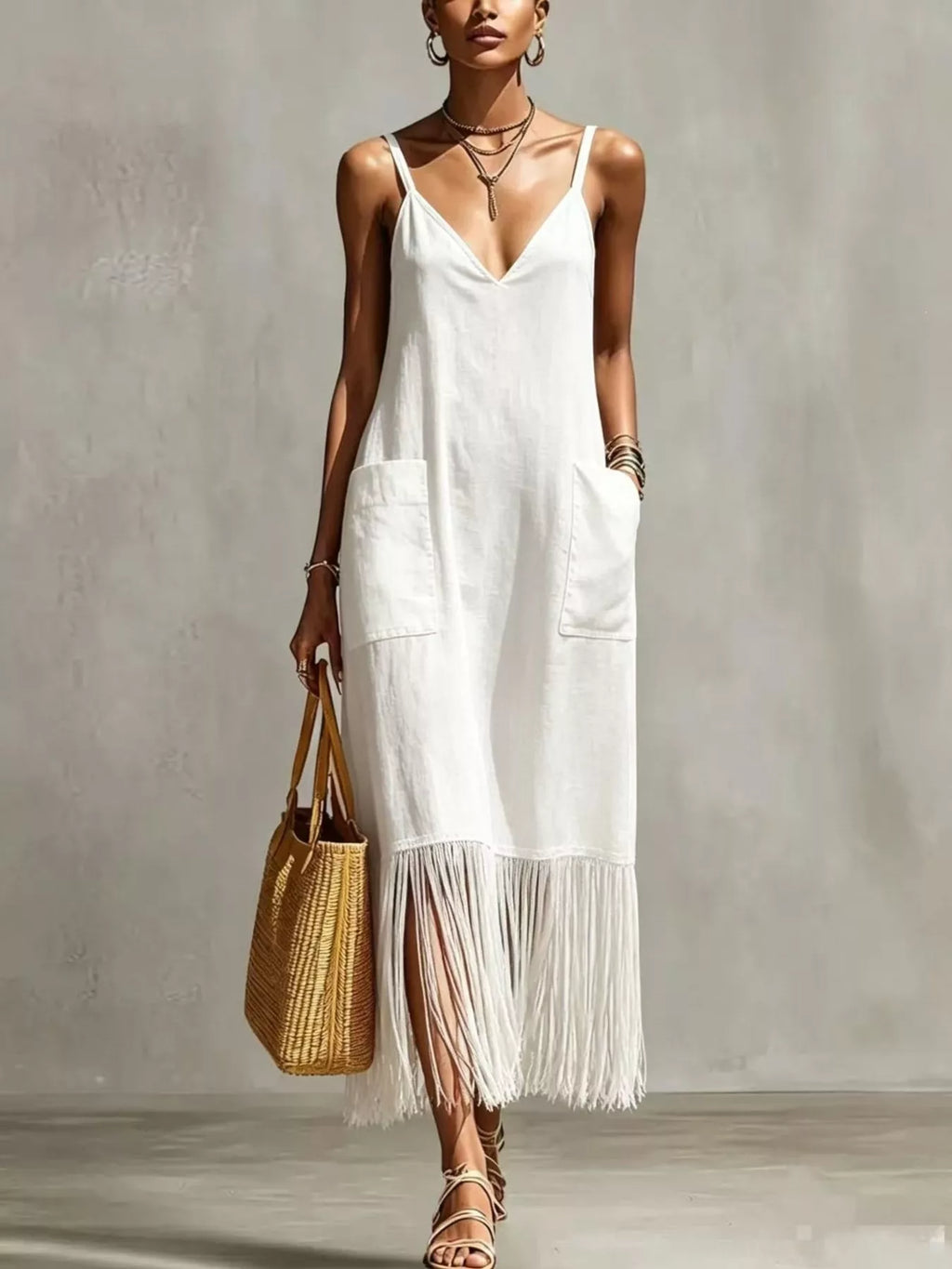 Plus size fringe V-neck spaghetti strap dress by Shopimist, full-length with flowing fabric and stylish fringe details.