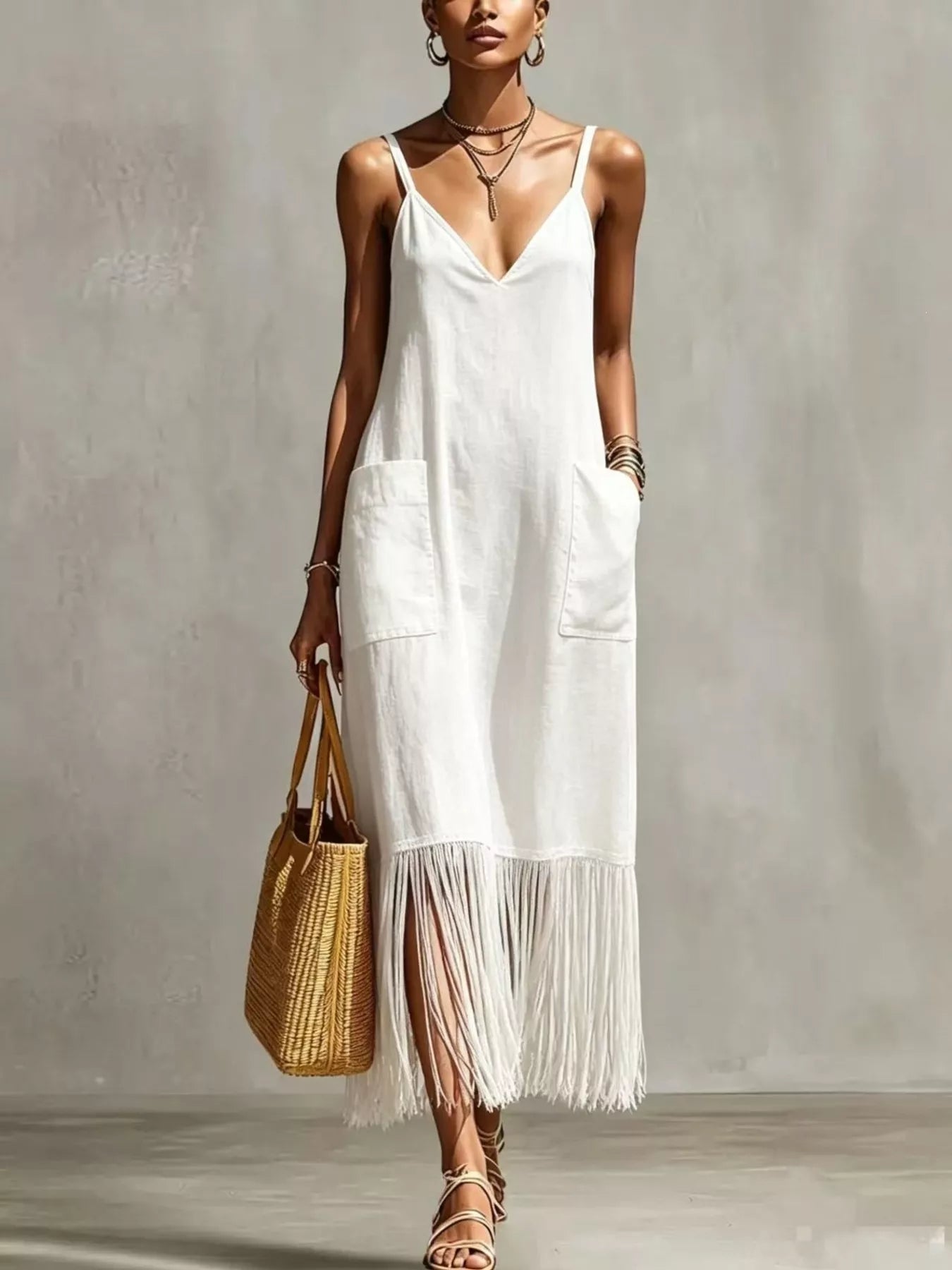 Plus size fringe V-neck spaghetti strap dress by Shopimist, full-length with flowing fabric and stylish fringe details.