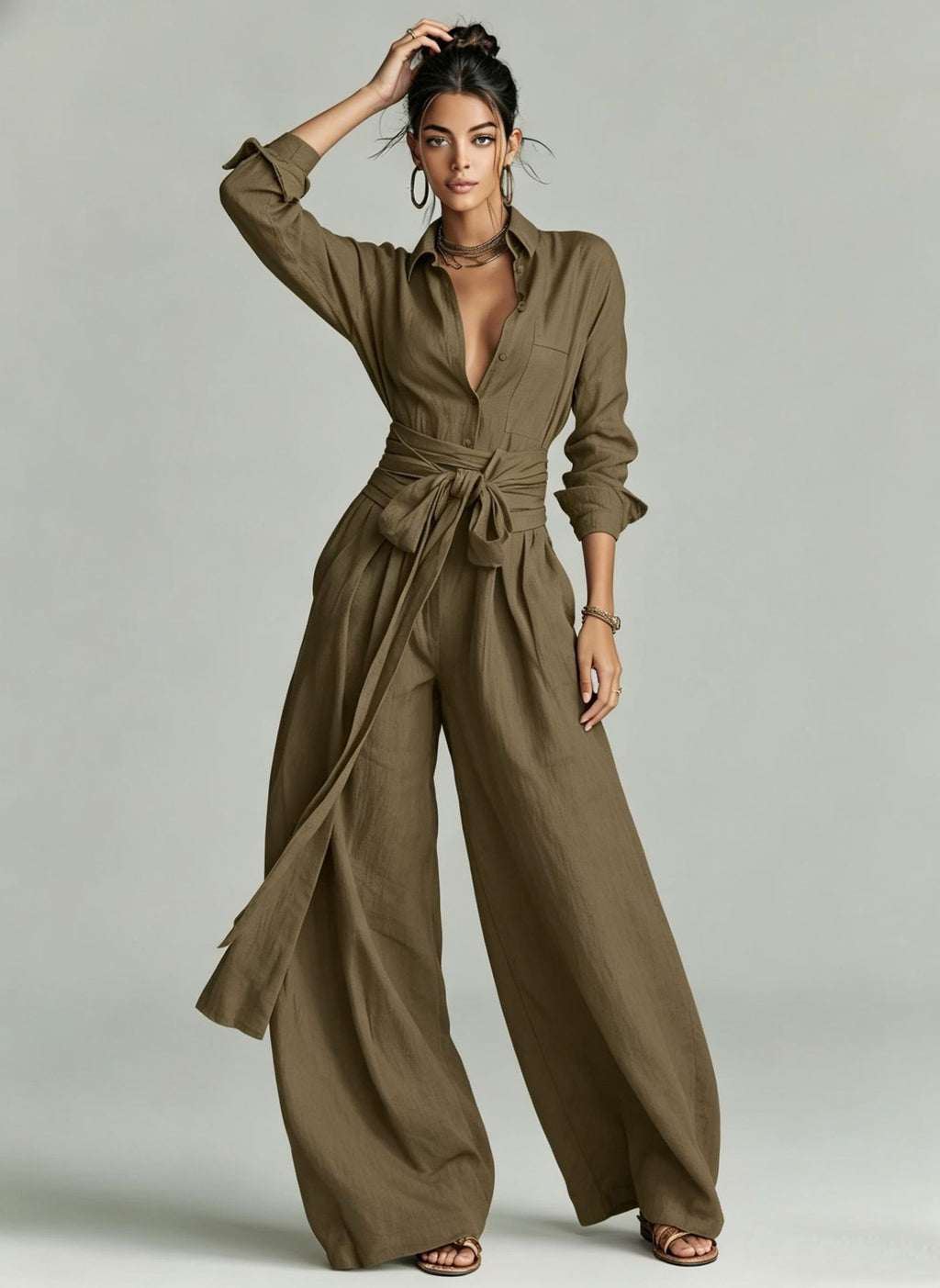 Solid color collar top high waisted pants two-piece set
