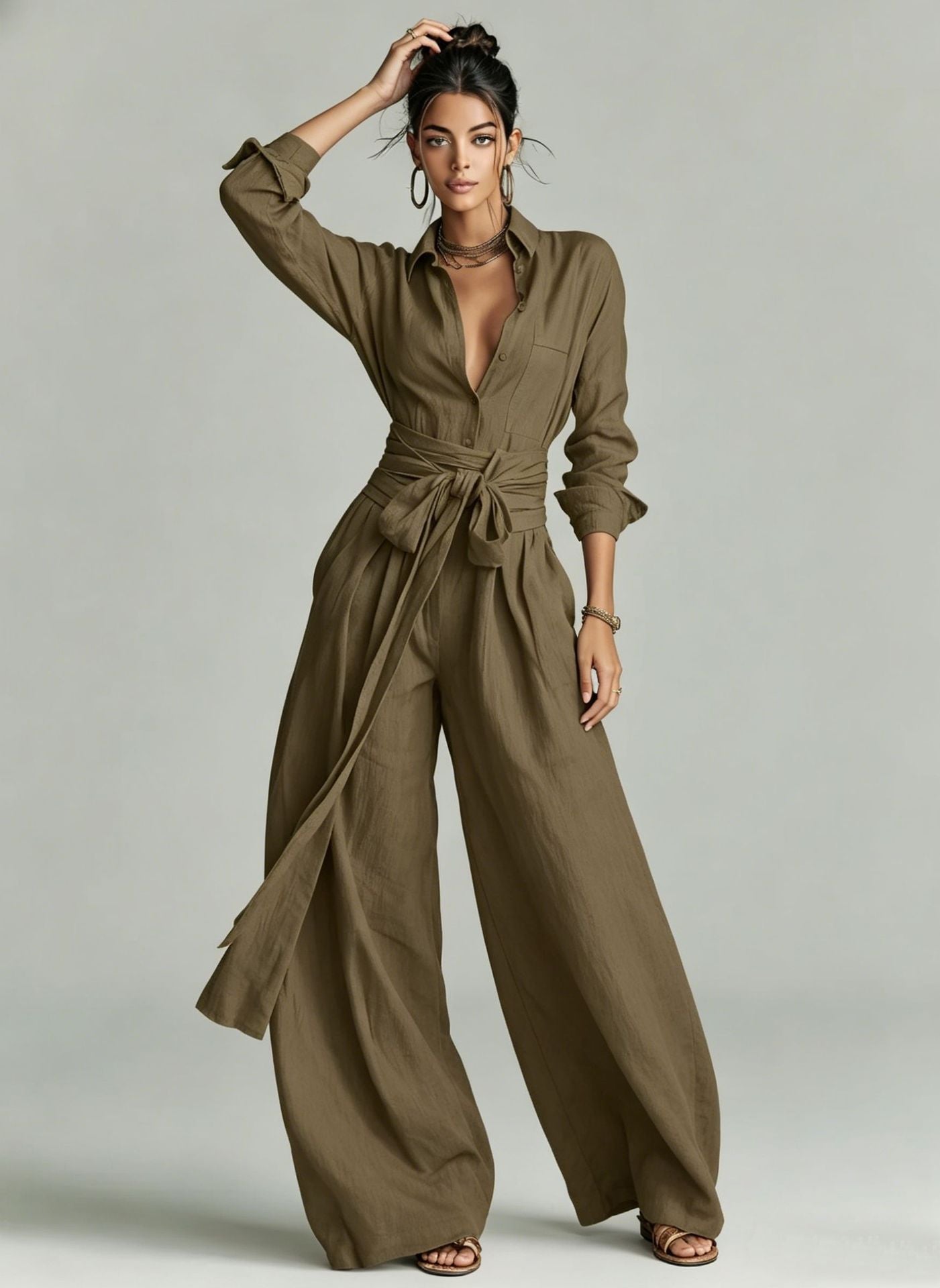 Solid color collar top high waisted pants two-piece set