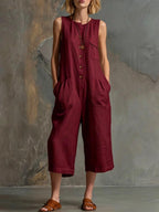 Retro sleeveless cotton-linen wide-leg cropped jumpsuit by Plush Fashion Hub, featuring a relaxed fit and vintage-inspired style.