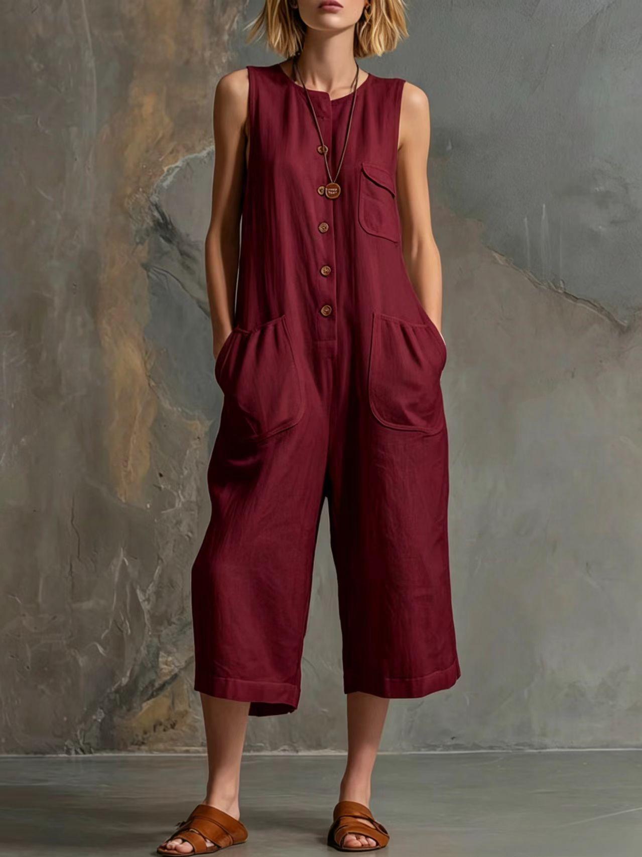 Retro sleeveless cotton-linen wide-leg cropped jumpsuit by Plush Fashion Hub, featuring a relaxed fit and vintage-inspired style.