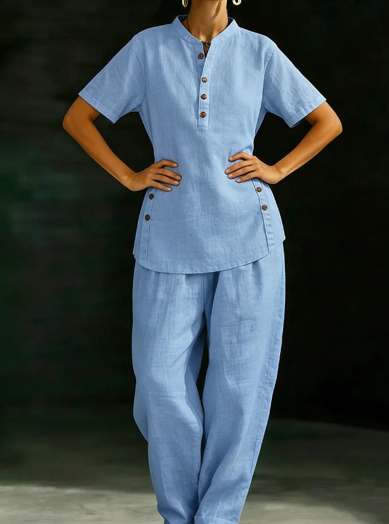 FitiqueFit three-quarter sleeve shirt and wide-leg pants two-piece set in solid color, casual and comfortable for everyday wear.