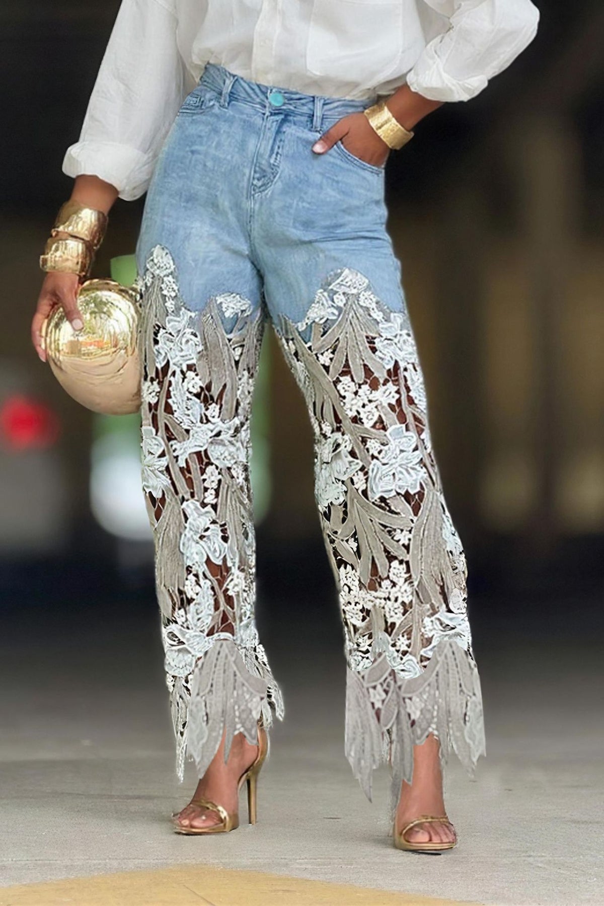 Eprolo hollow out patchwork irregular lace straight leg jeans showing distressed lace details and unique patchwork design.