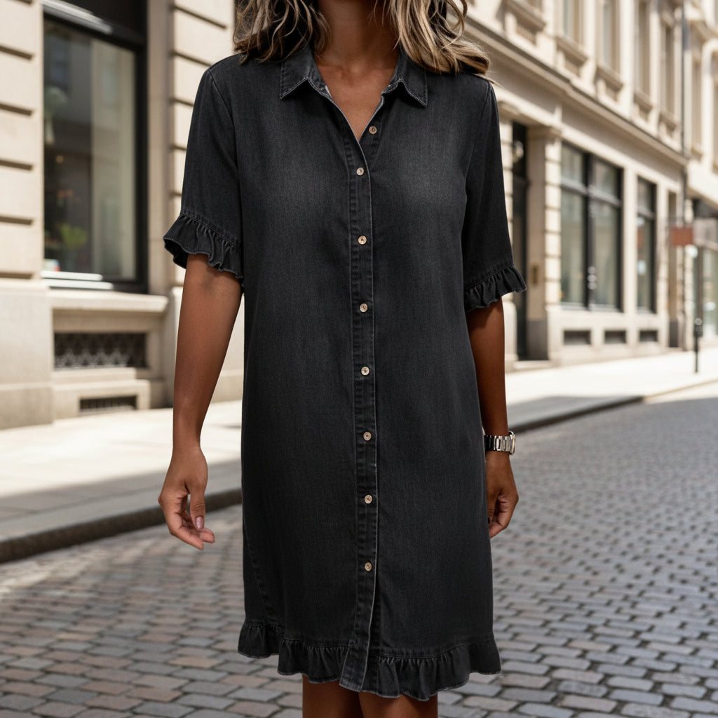 Women's faux denim ruffle-sleeve shirt dress by Plush Fashion Hub, casualwear with a stylish ruffle-sleeve design.