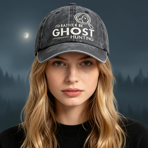 Washed baseball cap with "I'd Rather Be Ghost Hunting" embroidered text, retro style paranormal hat by FitiqueFit.