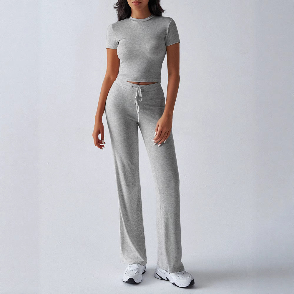 FitiqueFit crew neck short sleeve top and full-length pants two-piece set in solid color, available in 10 colors, casual style.