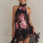 Women's Floral Print Chiffon Off-Shoulder Mini Dress | High Waist A-Line Strapless Summer Dress