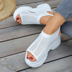 Open toe wedge sandals by Shopimist featuring a stylish design with a comfortable cork heel and ankle strap.
