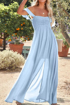 Off-shoulder ruched bust sheer slit maxi dress by Shopimist, featuring a flowing silhouette and elegant design.