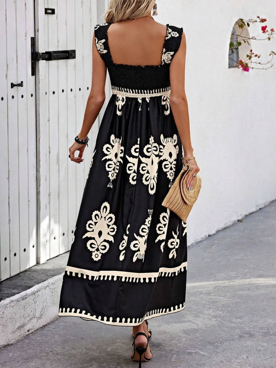 Plush Fashion Hub smocked printed maxi dress with wide straps, flowing fabric, and a stylish, vibrant pattern perfect for summer wear