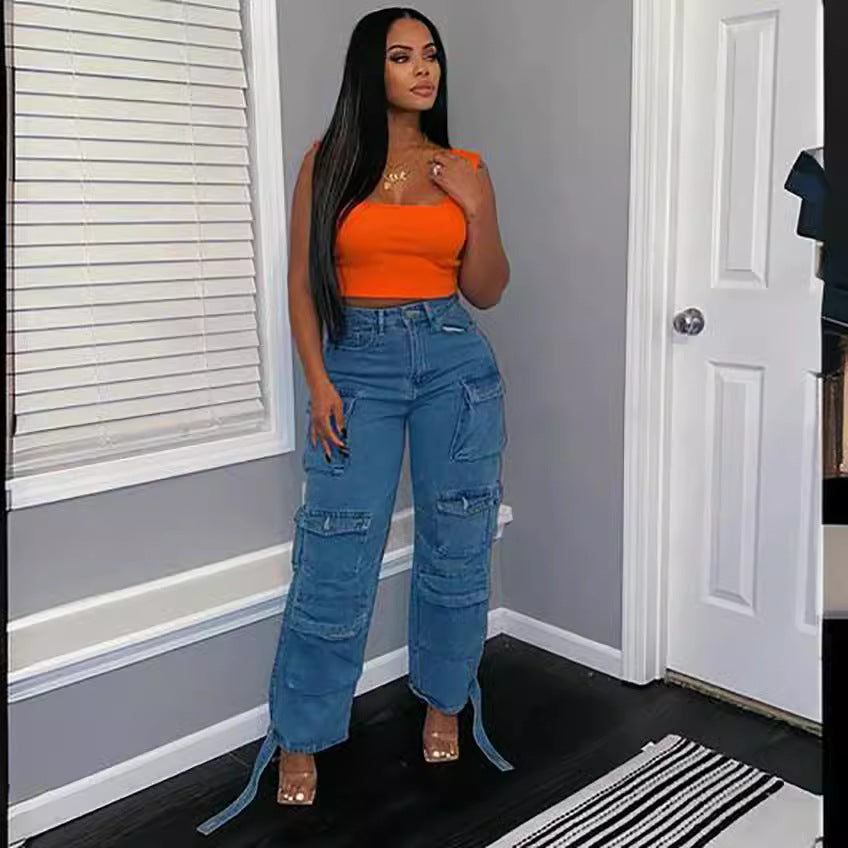 Eprolo women's trendy multi-pocket cargo jeans in plus size with African-inspired design, casual denim pants for women.