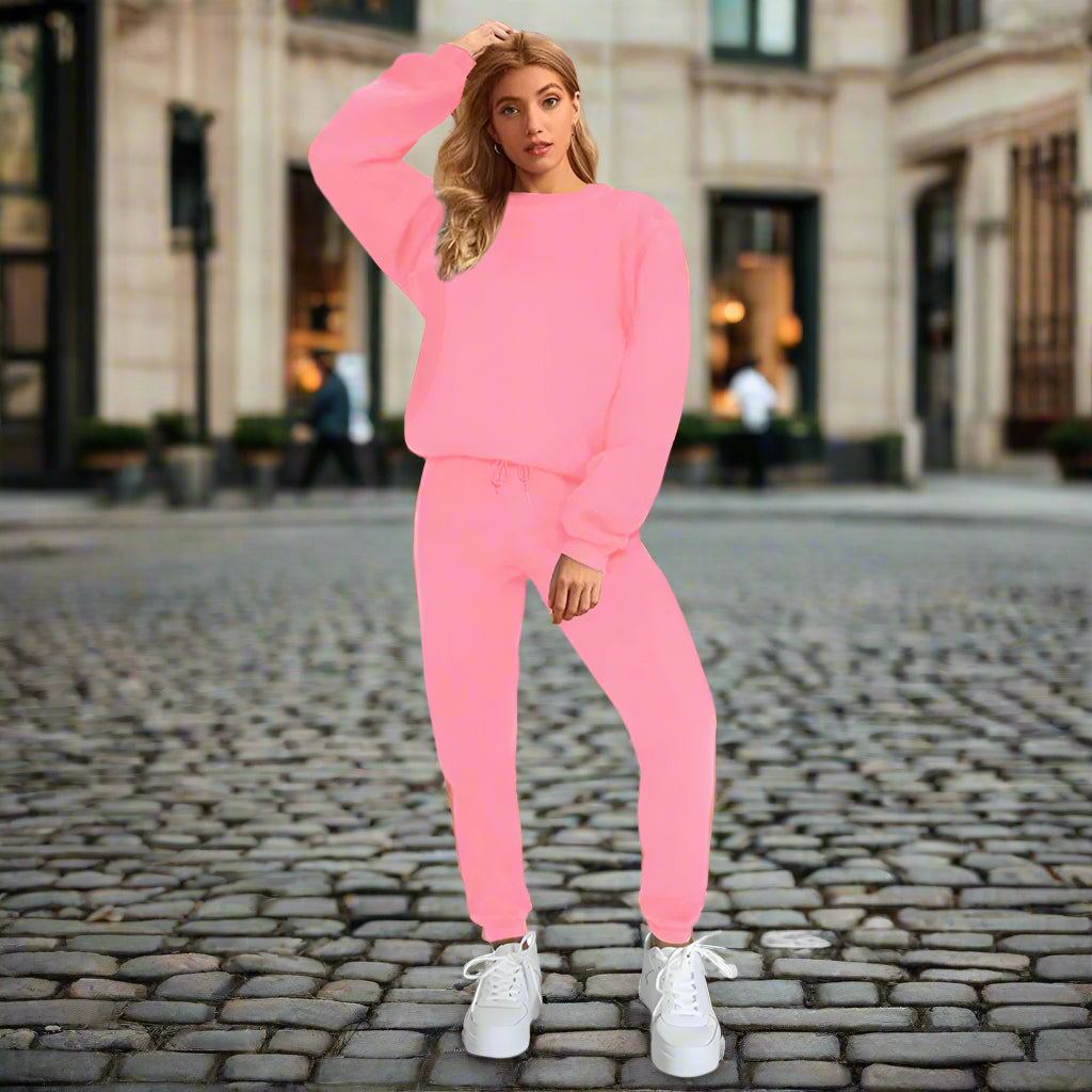 Women's solid color round neck sweatshirt and pants set by Plush Fashion Hub, casualwear, comfortable and stylish lounge outfit