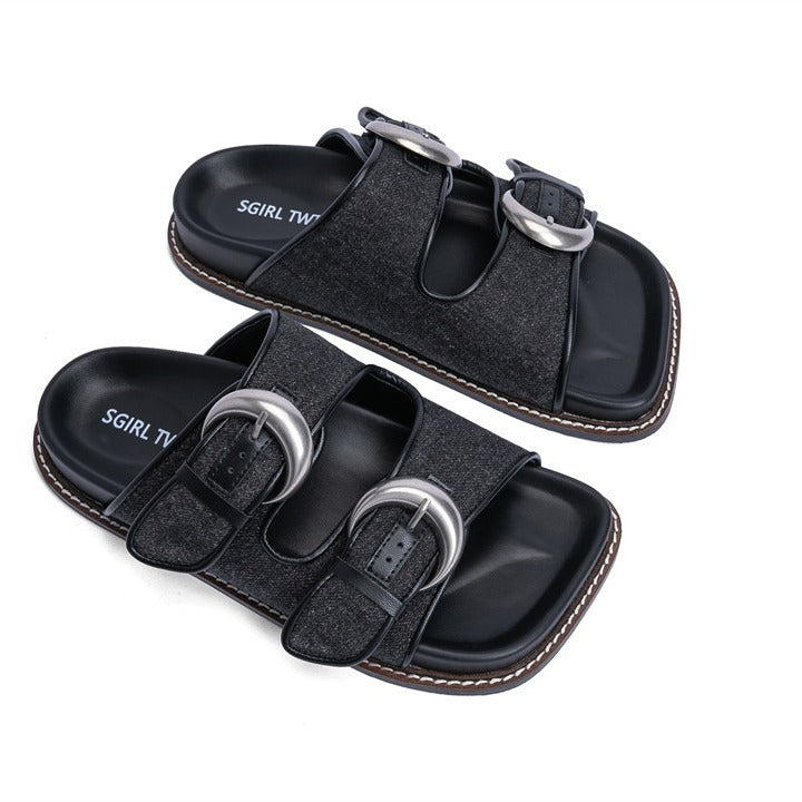 Minimalist denim strappy Roman sandals by Plush Fashion Hub featuring a sleek design and open-toe style.