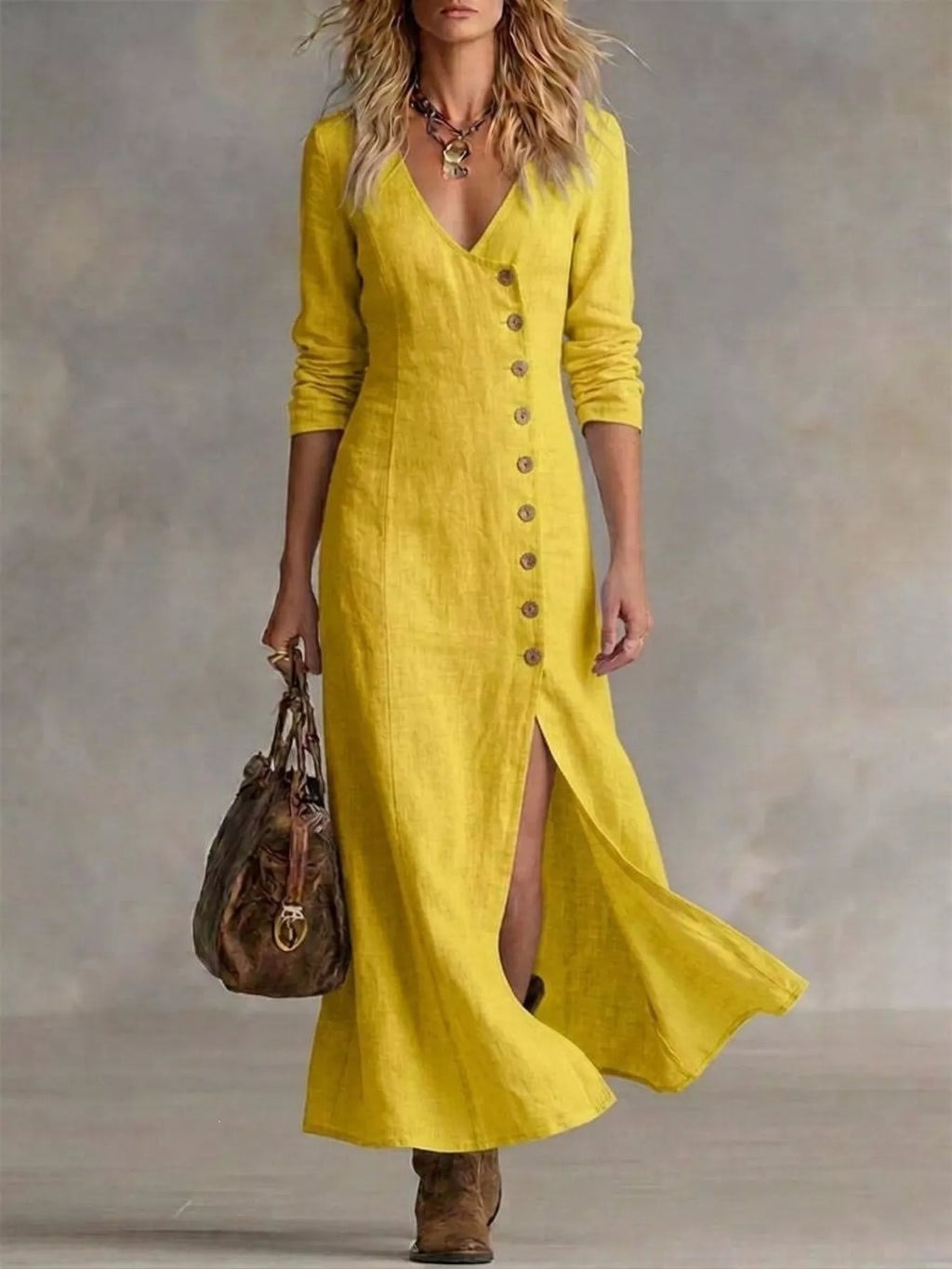 Plus size full-length maxi dress with button front and side slit by Shopimist, featuring a flowy fabric and elegant design.