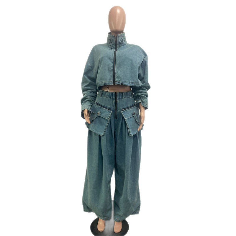 Fashion Retro Short Jacket and Long Pants Workwear Wide Leg Loose Heavyweight Denim Two-Piece Set Women's Clothing