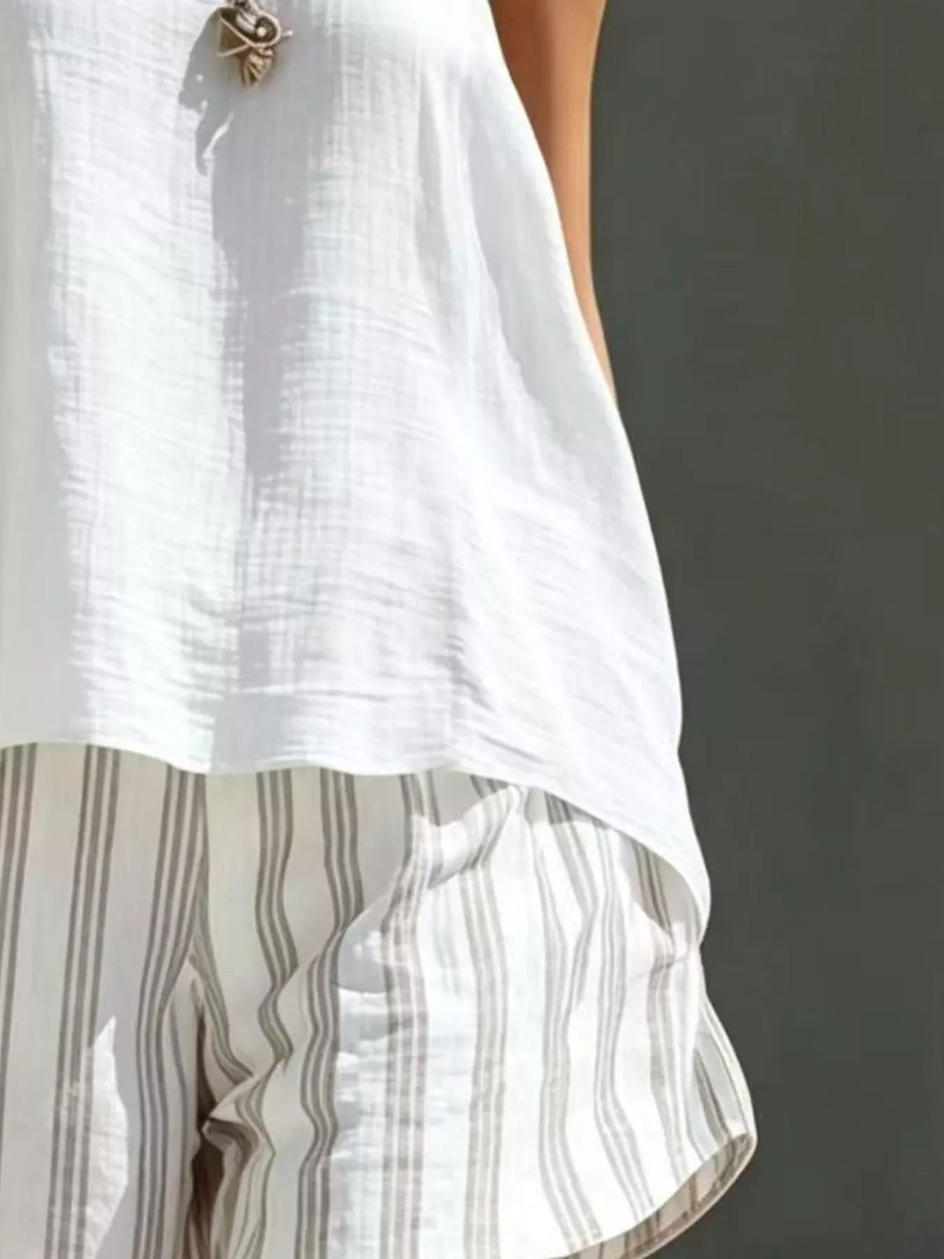 Shopimist round neck tank top and striped shorts set, front view showing the casual summer outfit with a fitted tank and colorful shorts.