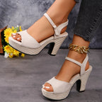 Women's ankle strap block heel sandals by Trendsi featuring a comfortable design, dressy high heels, and ankle strap detail.