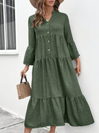 Casual button front tiered midi dress in a cotton blend fabric, perfect for summer, featuring a relaxed, flowy silhouette.