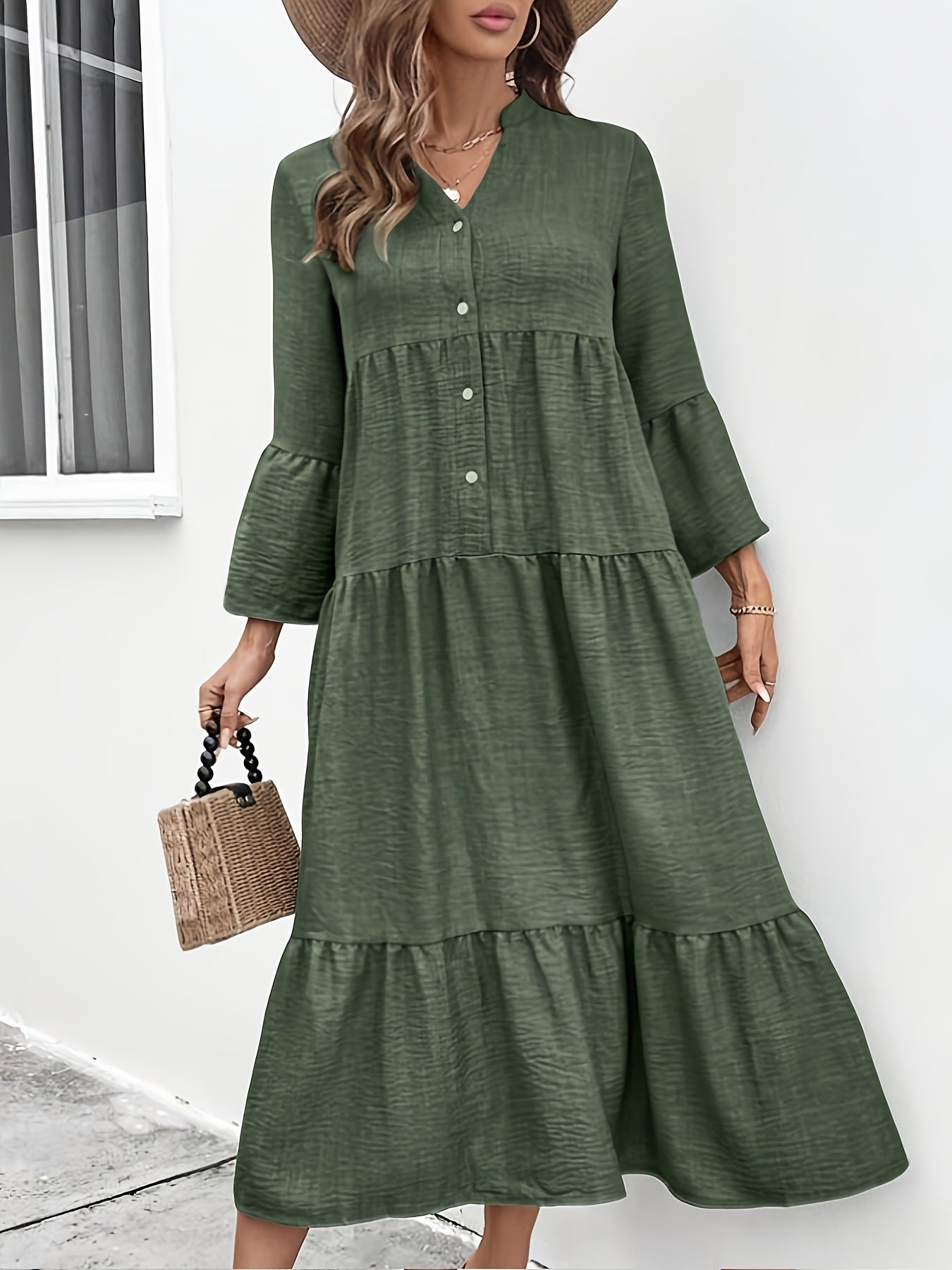 Casual button front tiered midi dress in a cotton blend fabric, perfect for summer, featuring a relaxed, flowy silhouette.
