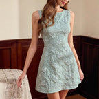 Women's FitiqueFit jacquard sleeveless midi dress with slim fit, minimalist style, featuring a sophisticated French-inspired design.