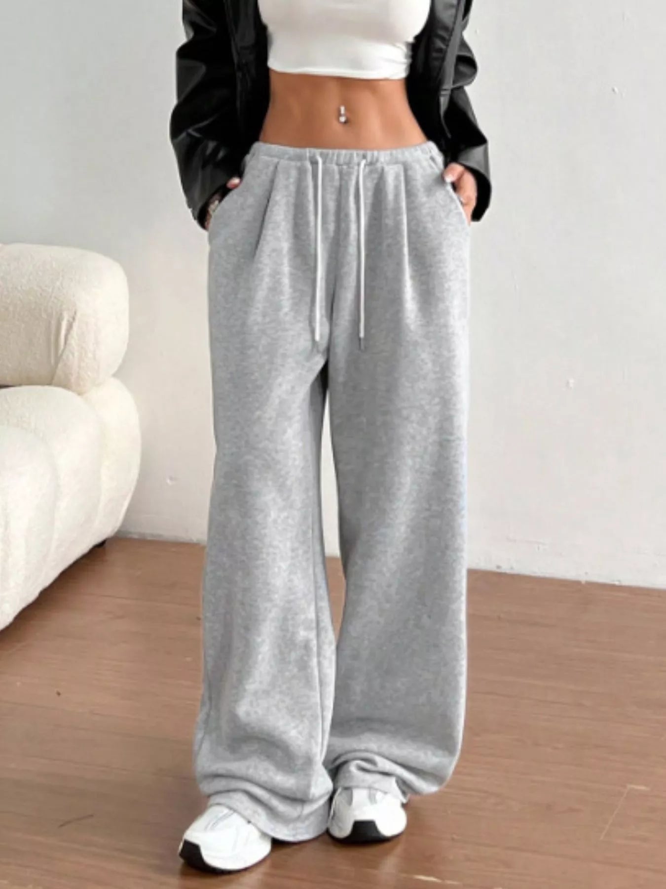 Simply Love casual drawstring high waist wide-leg sweatpants displayed on a model, featuring a relaxed fit and comfortable fabric.