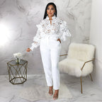 Women’s Bella Mia hollow out cutout flounce trim lace-up cardigan with lantern sleeves, stylish and lightweight for casual wear.