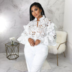 Bella Mia women’s hollow-out cutout cardigan with flounce trim, lace-up front, and lantern sleeves, stylish and lightweight.