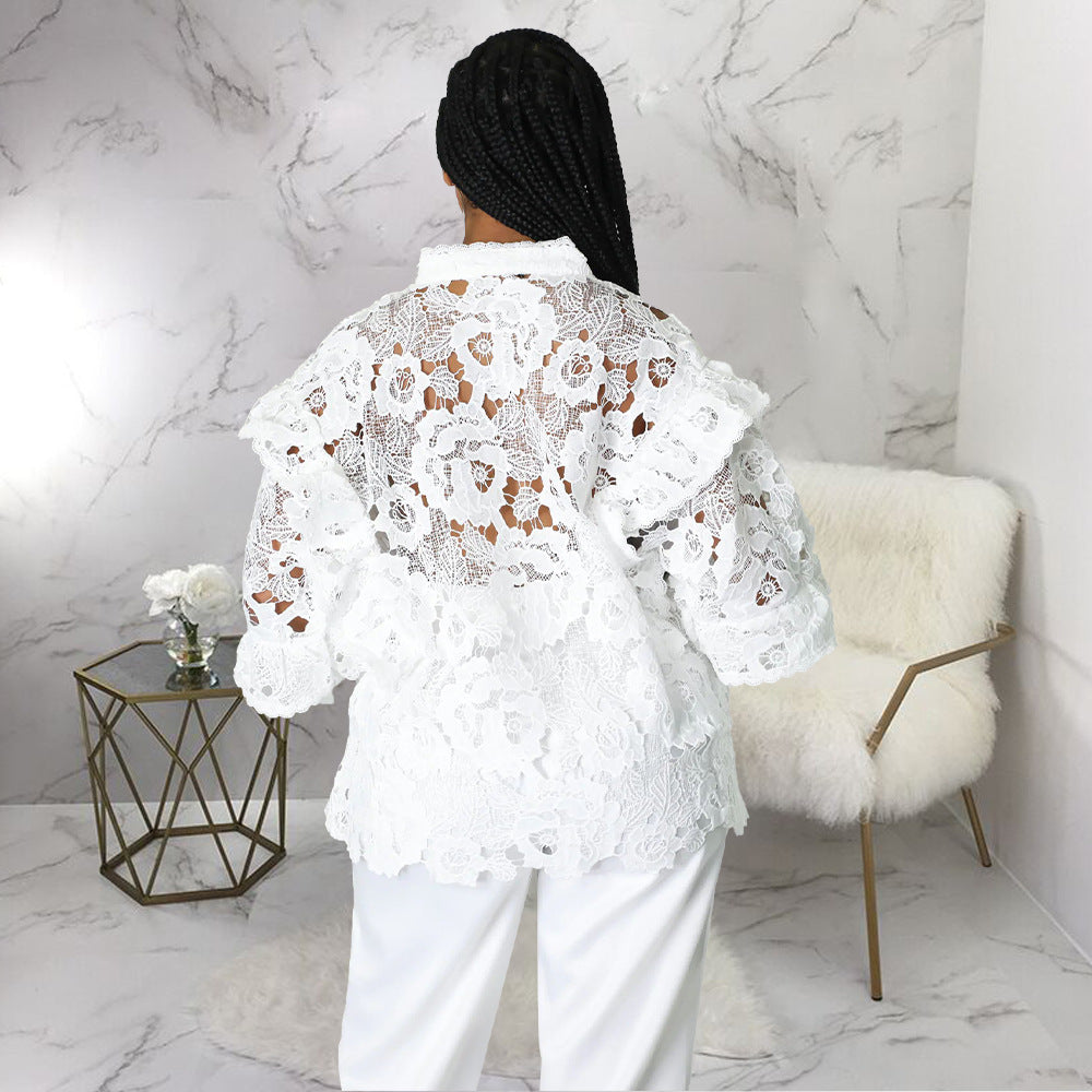 Women’s Bella Mia hollow-out cutout cardigan with lantern sleeves, flounce trim, lace-up front, and stylish design.