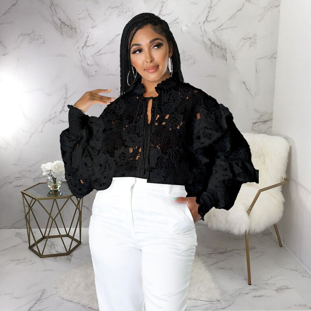 Women’s Bella Mia hollow out cutout flounce trim lace-up cardigan with lantern sleeves, stylish and lightweight for casual wear.