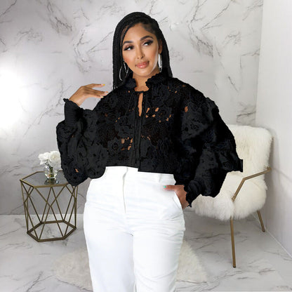 Women Hollow Out Cutout out Flounce Trim Lace up Cardigan Lantern Sleeve Bella Mia