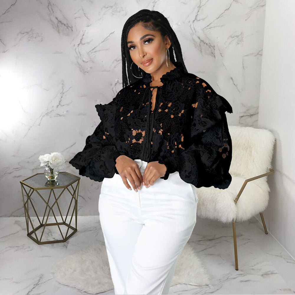 Bella Mia women’s hollow-out cutout cardigan with flounce trim, lace-up front, and lantern sleeves, stylish and lightweight.