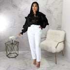 Bella Mia women’s hollow out cutout cardigan with flounce trim, lace-up design, and lantern sleeves.