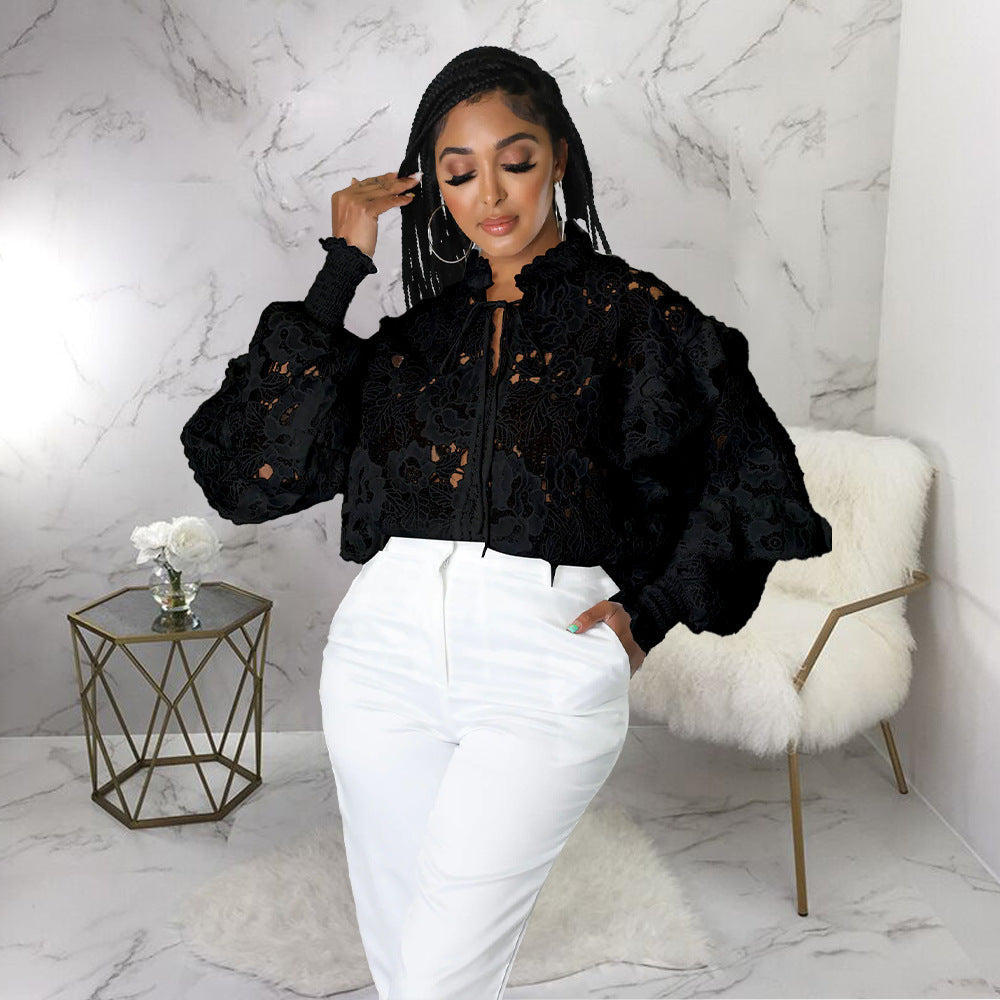 Bella Mia women's hollow out cutout cardigan with lantern sleeves, lace-up front, flounce trim, and stylish design.
