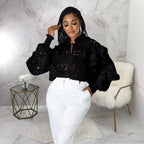 Bella Mia women's hollow out cutout cardigan with lantern sleeves, lace-up front, flounce trim, and stylish design.
