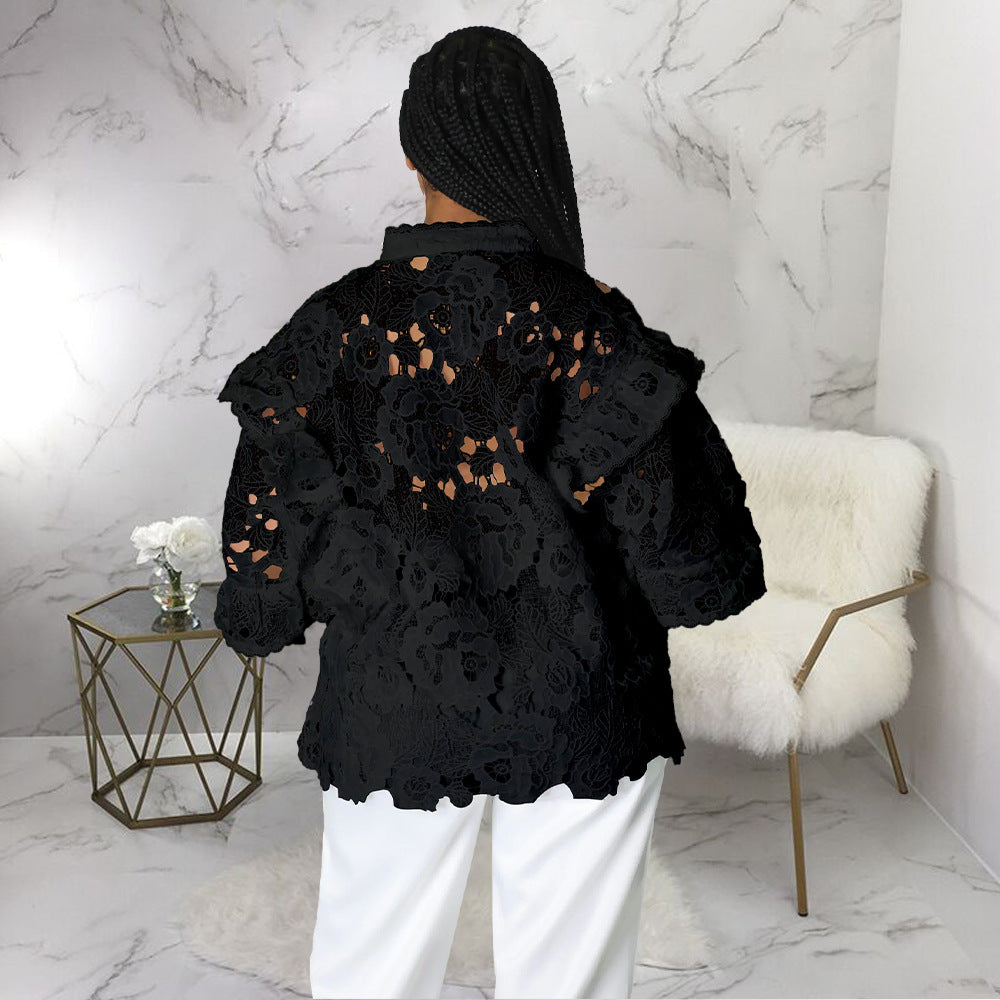 Women’s Bella Mia lace-up cardigan with hollow out cutouts, flounce trim, and lantern sleeves, stylish and lightweight.
