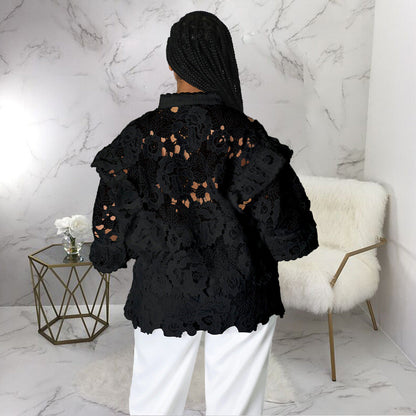 Women Hollow Out Cutout out Flounce Trim Lace up Cardigan Lantern Sleeve Bella Mia