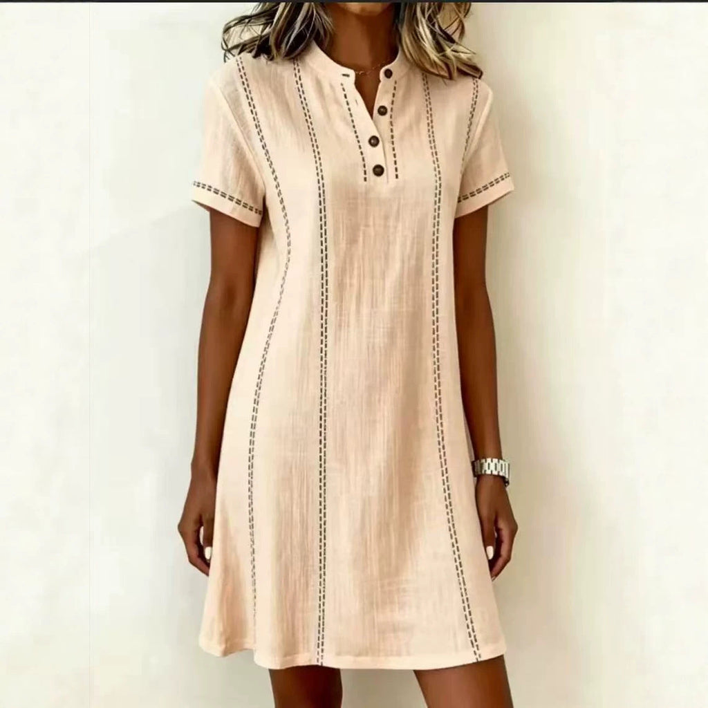 Women's printed button-up midi dress with stand collar, 3/4 sleeves, loose fit by Plush Fashion Hub