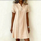 Women's printed button-up midi dress with stand collar, 3/4 sleeves, loose fit by Plush Fashion Hub