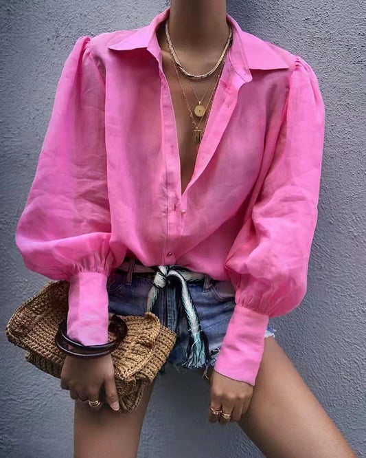 For Polo Collar Solid Color Single-Breasted Lantern Sleeve Cotton Long-Sleeved Shirt For Women Bella Mia