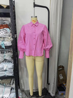 Bella Mia women's long-sleeve cotton shirt with polo collar, solid color, single-breasted design and lantern sleeves.