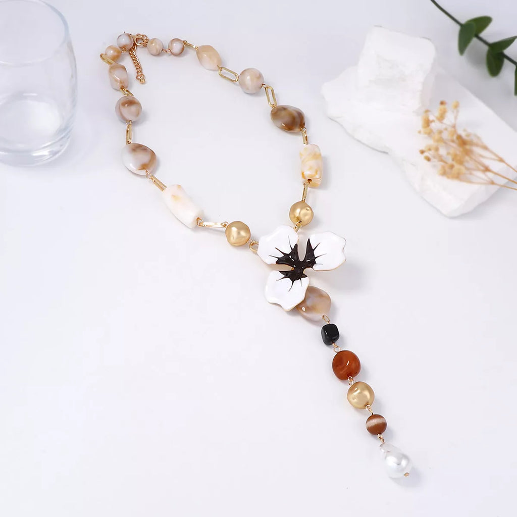 Y-shaped alloy necklace with dripping oil flower resin pendant, stylish jewelry by Shopimist.