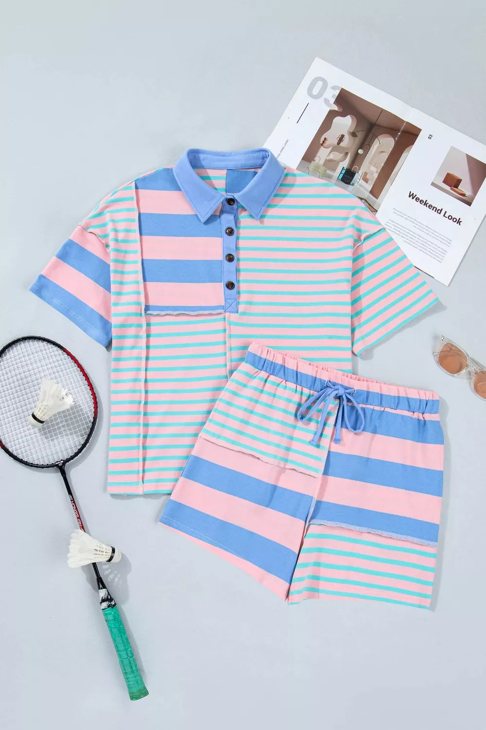 Stripe exposed seam mixed patchwork loose short set by Shopimist featuring colorful stripes and casual fit.