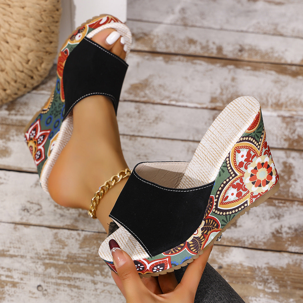 Eprolo slope heel thick sole fish mouth patterned high-rise sandals with open toe design and stylish footwear detail.